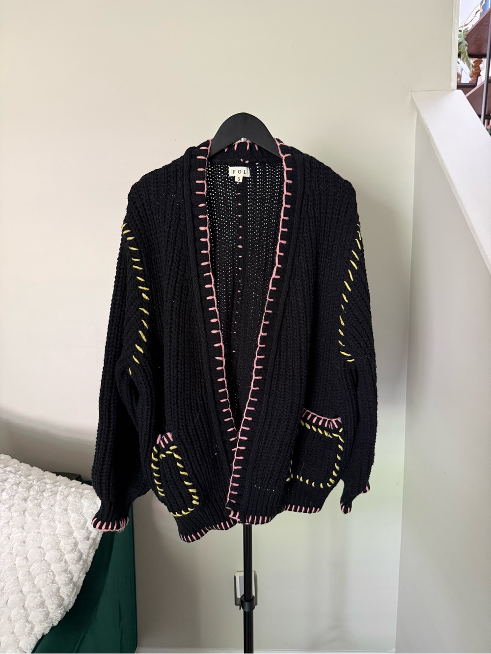 POL Black Open-Front Cardigan with Pink & Yellow Trim